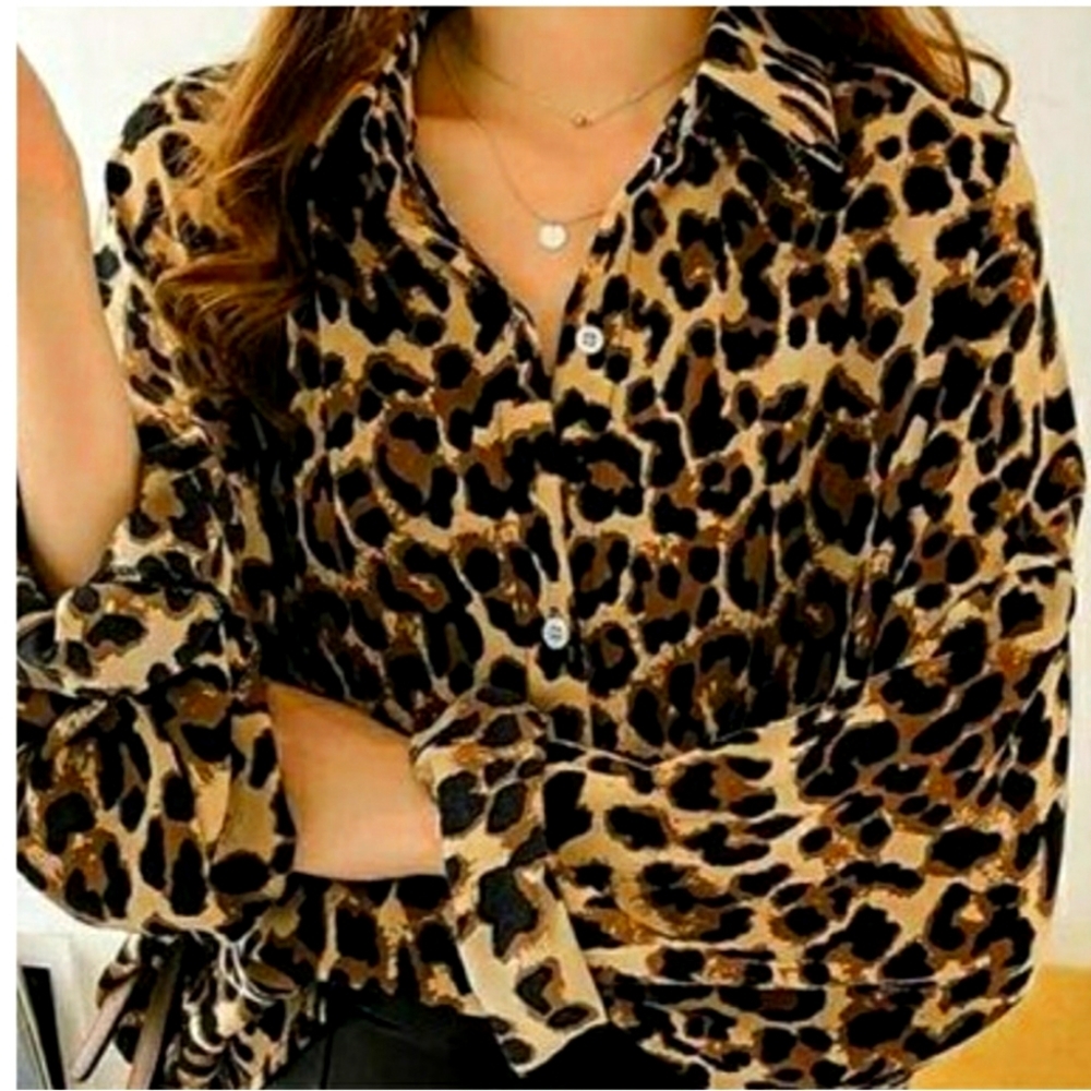 Leopard Print Long Sleeve Button Down Top